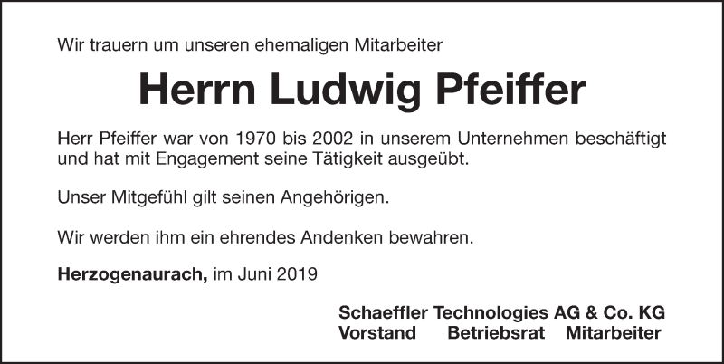  Traueranzeige für Ludwig Pfeiffer vom 03.06.2019 aus Nordbayerische Nachrichten Herzogenaurach Lokal