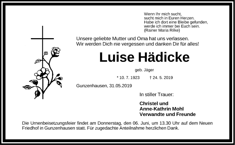  Traueranzeige für Luise Hädicke vom 04.06.2019 aus Altmühl-Bote Lokal