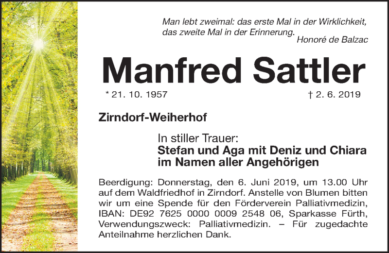  Traueranzeige für Manfred Sattler vom 05.06.2019 aus Fürther Nachrichten Lokal