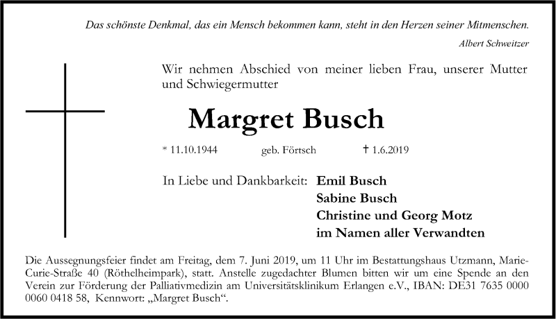  Traueranzeige für Margret Busch vom 04.06.2019 aus Erlanger Nachrichten Lokal