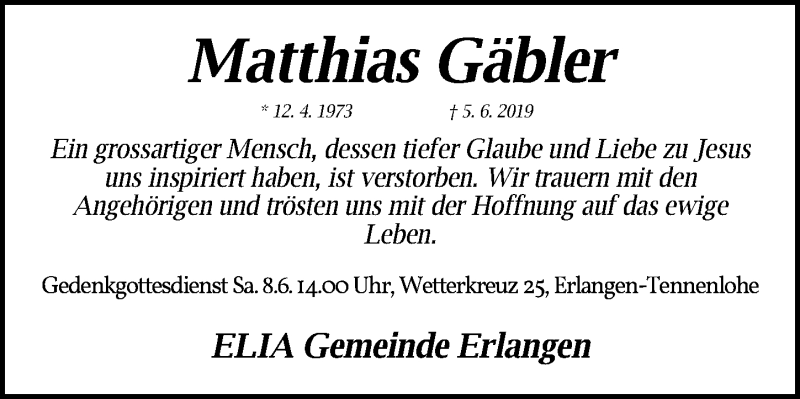  Traueranzeige für Matthias Gäbler vom 08.06.2019 aus Erlanger Nachrichten Lokal