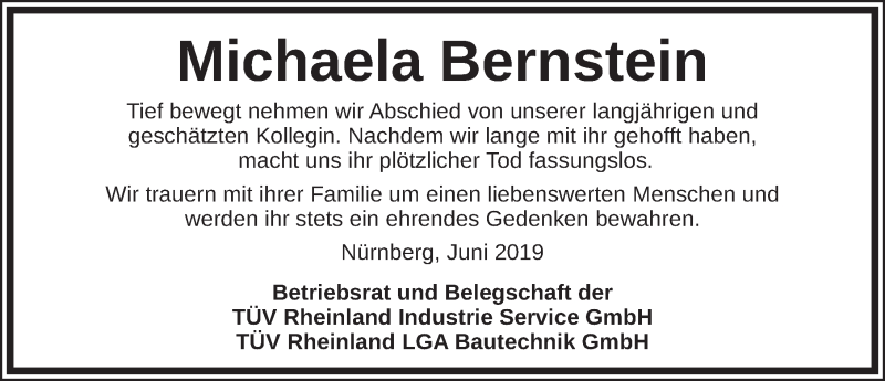  Traueranzeige für Michaela Bernstein vom 15.06.2019 aus Fürther Nachrichten Lokal