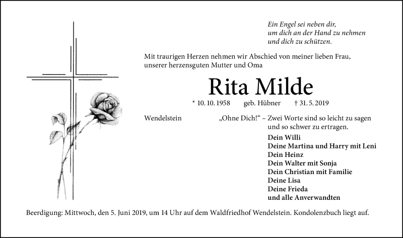  Traueranzeige für Rita Milde vom 03.06.2019 aus Schwabach