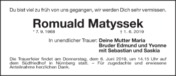 Traueranzeige von Romuald Matyssek von Gesamtausgabe Nürnberger Nachrichten/ Nürnberger Ztg.