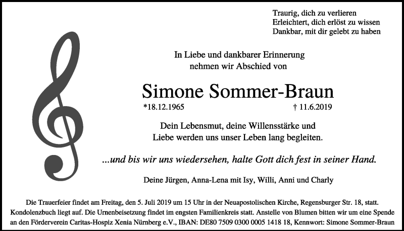  Traueranzeige für Simone Sommer-Braun vom 22.06.2019 aus Gesamtausgabe Nürnberger Nachrichten/ Nürnberger Ztg.