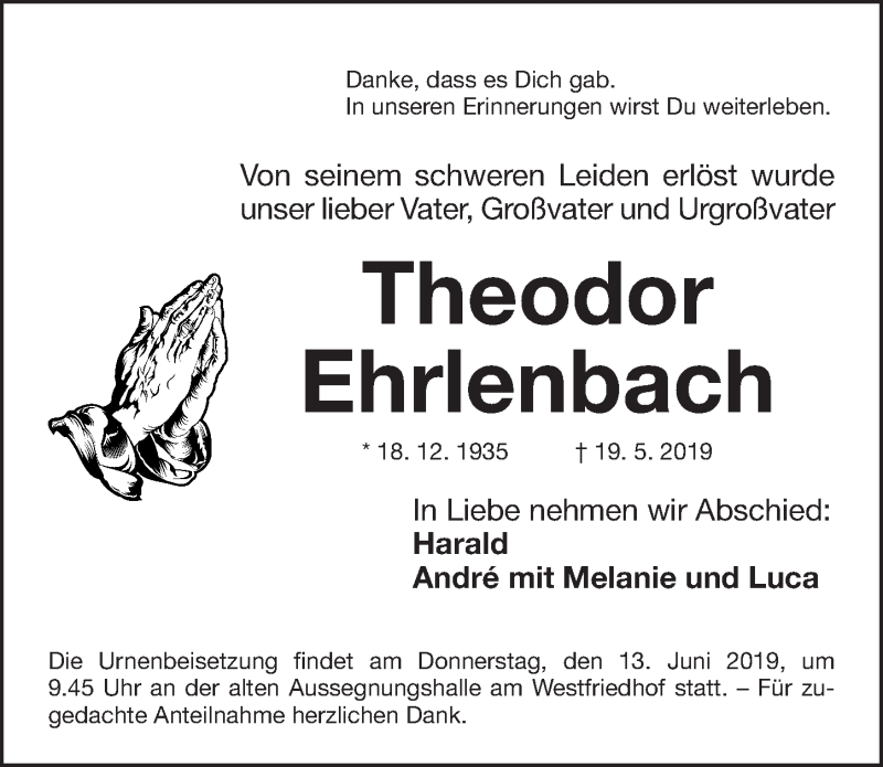  Traueranzeige für Theodor Ehrlenbach vom 08.06.2019 aus Gesamtausgabe Nürnberger Nachrichten/ Nürnberger Ztg.
