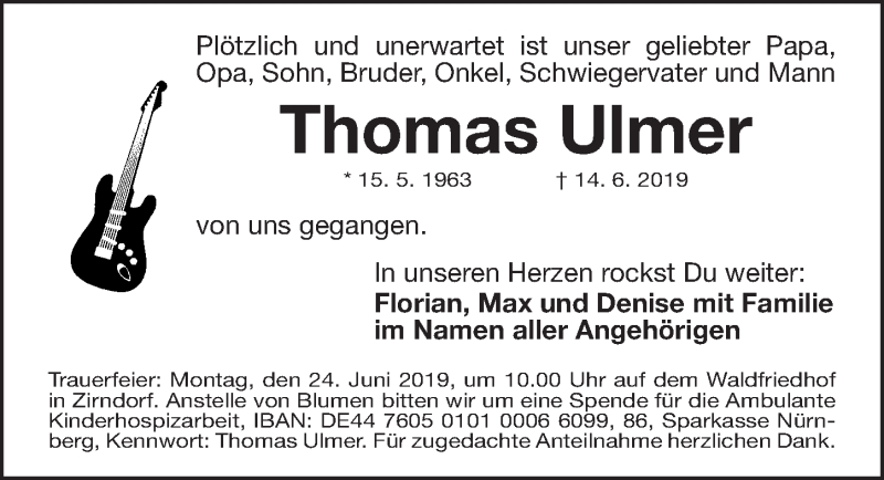  Traueranzeige für Thomas Ulmer vom 19.06.2019 aus Gesamtausgabe Nürnberger Nachrichten/ Nürnberger Ztg.