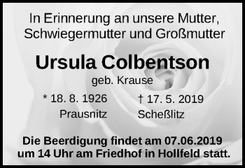 Traueranzeige von Ursula Colbentson von Gesamtausgabe Nürnberger Nachrichten/ Nürnberger Ztg.