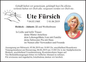 Traueranzeige von Ute Fürsich von Roth-Hilpoltsteiner Volkszeitung Lokal