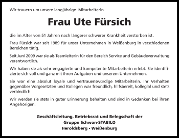 Traueranzeige von Ute Fürsich von Gesamtausgabe Nürnberger Nachrichten/ Nürnberger Ztg.