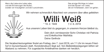 Traueranzeige von Willi Weiß von Altmühl-Bote Lokal