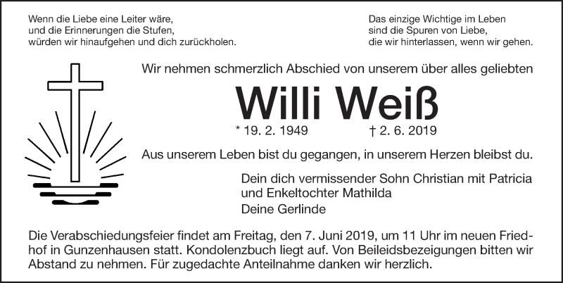  Traueranzeige für Willi Weiß vom 05.06.2019 aus Altmühl-Bote Lokal