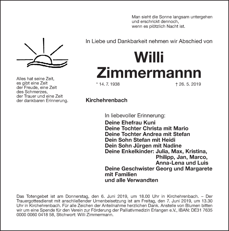  Traueranzeige für Willi Zimmermann vom 03.06.2019 aus Nordbayerische Nachrichten Forchheim Lokal