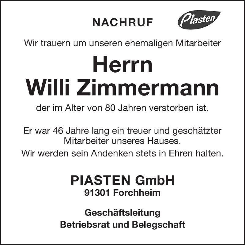  Traueranzeige für Willi Zimmermann vom 04.06.2019 aus Nordbayerische Nachrichten Forchheim Lokal