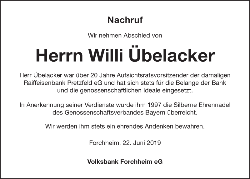  Traueranzeige für Willi Übelacker vom 22.06.2019 aus Nordbayerische Nachrichten Forchheim Lokal