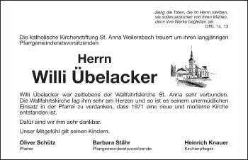 Traueranzeige von Willi Übelacker von Nordbayerische Nachrichten Forchheim Lokal