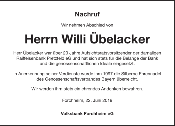 Traueranzeige von Willi Übelacker von Nordbayerische Nachrichten Forchheim Lokal