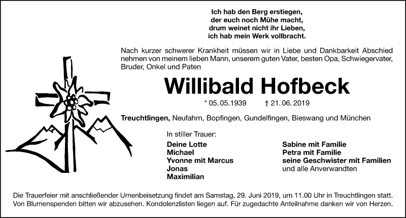  Traueranzeige für Willibald Hofbeck vom 27.06.2019 aus Weißenburger Tagblatt u.Treuchtlinger Kurier Lokal