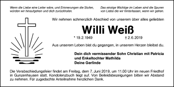 Traueranzeige von Willi Weiß von Schwabacher Tagblatt