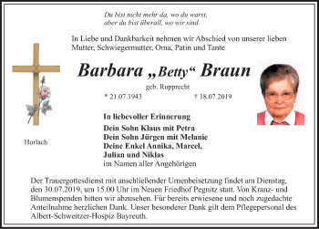 Traueranzeige von Barbara Braun von Nordbayerische Nachrichten Pegnitz Lokal