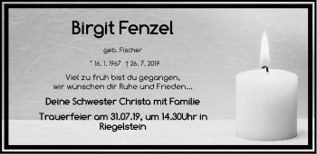 Traueranzeige von Birgit Fenzel von Neumarkter Nachrichten Lokal