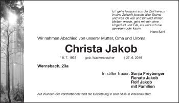 Traueranzeige von Christa Jakob von Roth-Hilpoltsteiner Volkszeitung Lokal