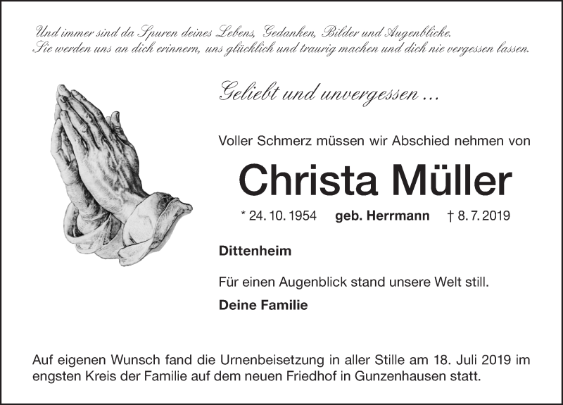  Traueranzeige für Christa Müller vom 19.07.2019 aus Altmühl-Bote Lokal