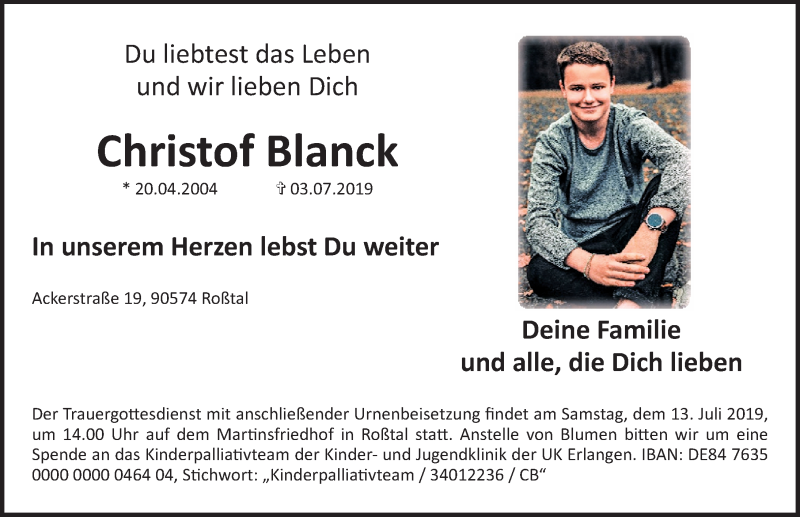  Traueranzeige für Christof Blanck vom 10.07.2019 aus Gesamtausgabe Nürnberger Nachrichten/ Nürnberger Ztg./ Fürther Nachrichten