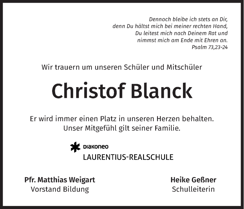  Traueranzeige für Christof Blanck vom 11.07.2019 aus Fürther Nachrichten Lokal