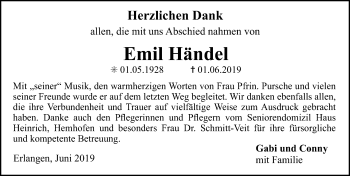 Traueranzeige von Emil Händel von Erlanger Nachrichten Lokal