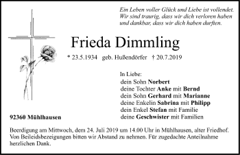 Traueranzeige von Frieda Dimmling von Neumarkter Nachrichten Lokal