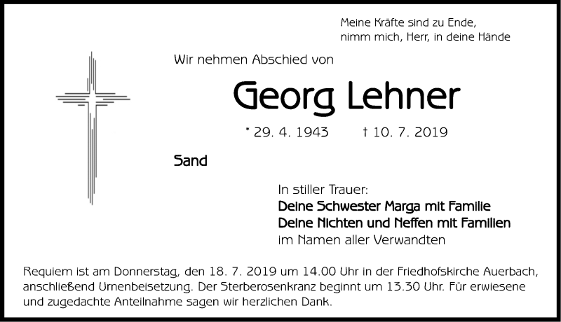  Traueranzeige für Georg Lehner vom 13.07.2019 aus Nordbayerische Nachrichten Pegnitz Lokal