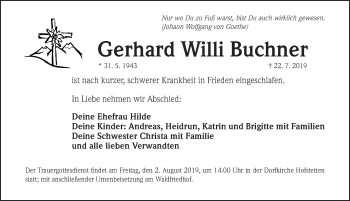 Traueranzeige von Gerhard Willi Buchner von Roth-Hilpoltsteiner Volkszeitung Lokal