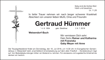 Traueranzeige von Gertraud Hümmer von Erlanger Nachrichten/ Fürther Nachrichten/ Nordbayer. Nachrichten Herzogenaurach