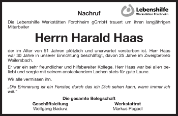 Traueranzeige von Harald Haas von Nordbayerische Nachrichten Forchheim Lokal