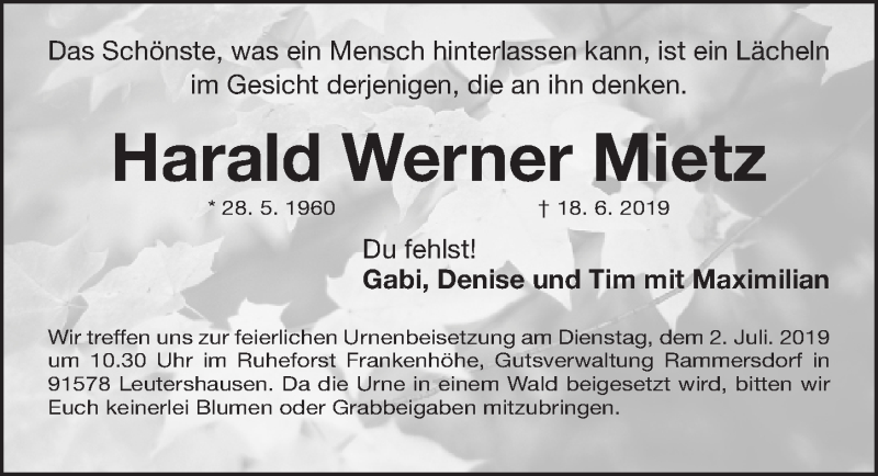  Traueranzeige für Harald Werner Mietz vom 29.06.2019 aus Fürther Nachrichten Lokal