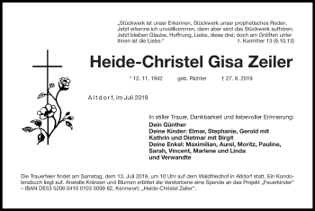 Traueranzeige von Heide-Christel Gisa Zeiler von Gesamtausgabe Nürnberger Nachrichten/ Nürnberger Ztg.