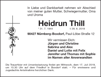 Traueranzeige von Heidrun Thill von Gesamtausgabe Nürnberger Nachrichten/ Nürnberger Ztg./ Erlanger Nachrichten