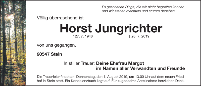  Traueranzeige für Horst Jungrichter vom 30.07.2019 aus Gesamtausgabe Nürnberger Nachrichten/ Nürnberger Ztg.