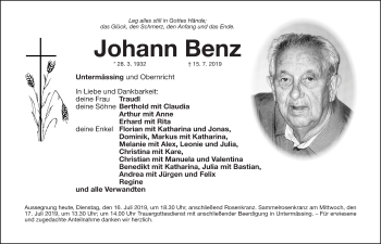 Traueranzeige von Johann Benz von Roth-Hilpoltsteiner Volkszeitung Lokal