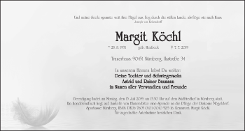 Traueranzeige von Margit Köchl von Gesamtausgabe Nürnberger Nachrichten/ Nürnberger Ztg.