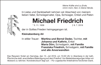 Traueranzeige von Michael Friedrich von Roth-Hilpoltsteiner Volkszeitung Lokal