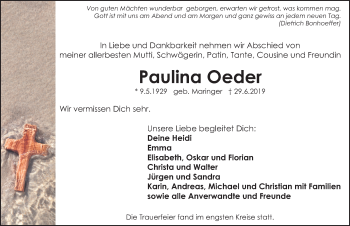Traueranzeige von Paulina Oeder von Gesamtausgabe Nürnberger Nachrichten/ Nürnberger Ztg.
