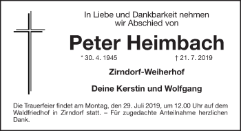 Traueranzeige von Peter Heimbach von Fürther Nachrichten Lokal