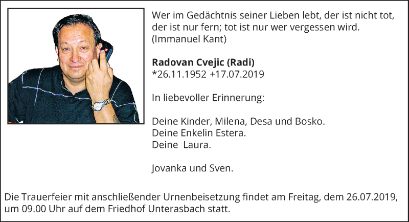  Traueranzeige für Radovan Cvejic vom 24.07.2019 aus Fürther Nachrichten Lokal