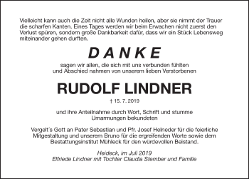 Traueranzeige von Rudolf Lindner von Roth-Hilpoltsteiner Volkszeitung Lokal