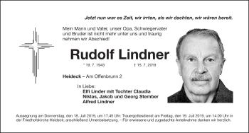 Traueranzeige von Rudolf Lindner von Roth-Hilpoltsteiner Volkszeitung Lokal