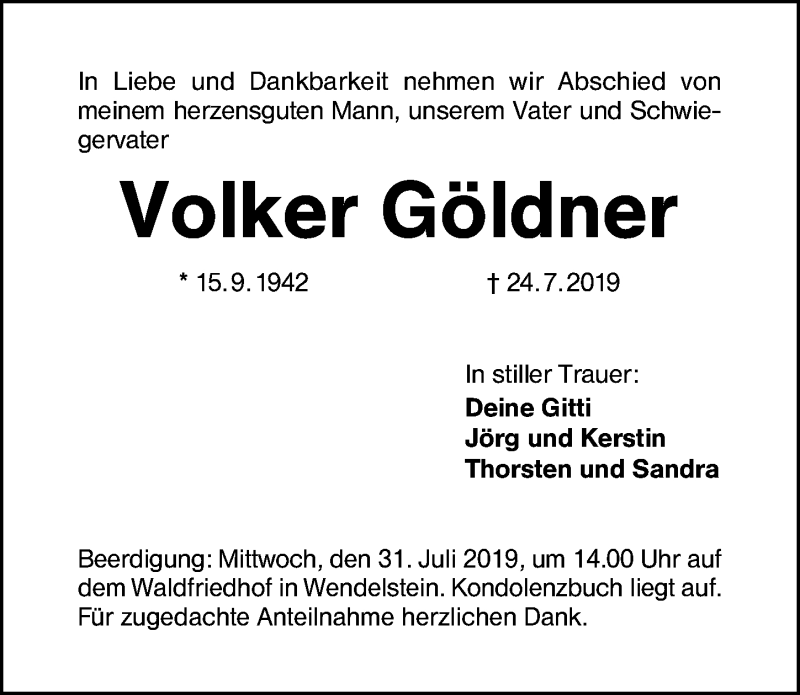  Traueranzeige für Volker Göldner vom 27.07.2019 aus Schwabach