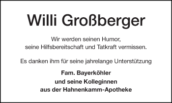 Traueranzeige von Willi Großberger von Altmühl-Bote Lokal