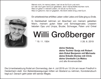 Traueranzeige von Willi Großberger von Altmühl-Bote Lokal